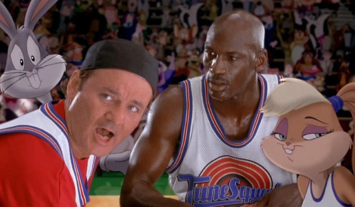 Space Jam Bugs, Bill Murray, Michael Jordan, and Lola huddle up on court