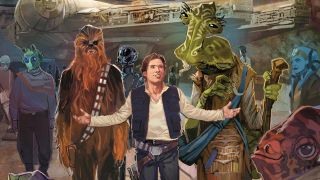 Chewbacca and Han Solo walk with Dok-Ondar