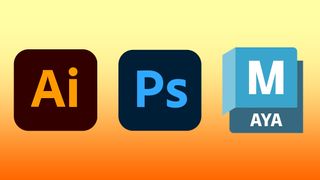 The logos of three of the best graphic design software programs on a yellow and orange background