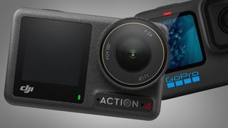 La cámara de acción DJI Osmo Action 4 delante de una GoPro sobre un fondo gris