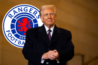 US President Donald Trump waits to speak in Emancipation Hall during inauguration ceremonies at the US Capitol in Washington, DC, on January 20, 2025. (Photo by Greg Nash / POOL / AFP) (Photo by GREG NASH/POOL/AFP via Getty Images) with the Rangers crest behind him