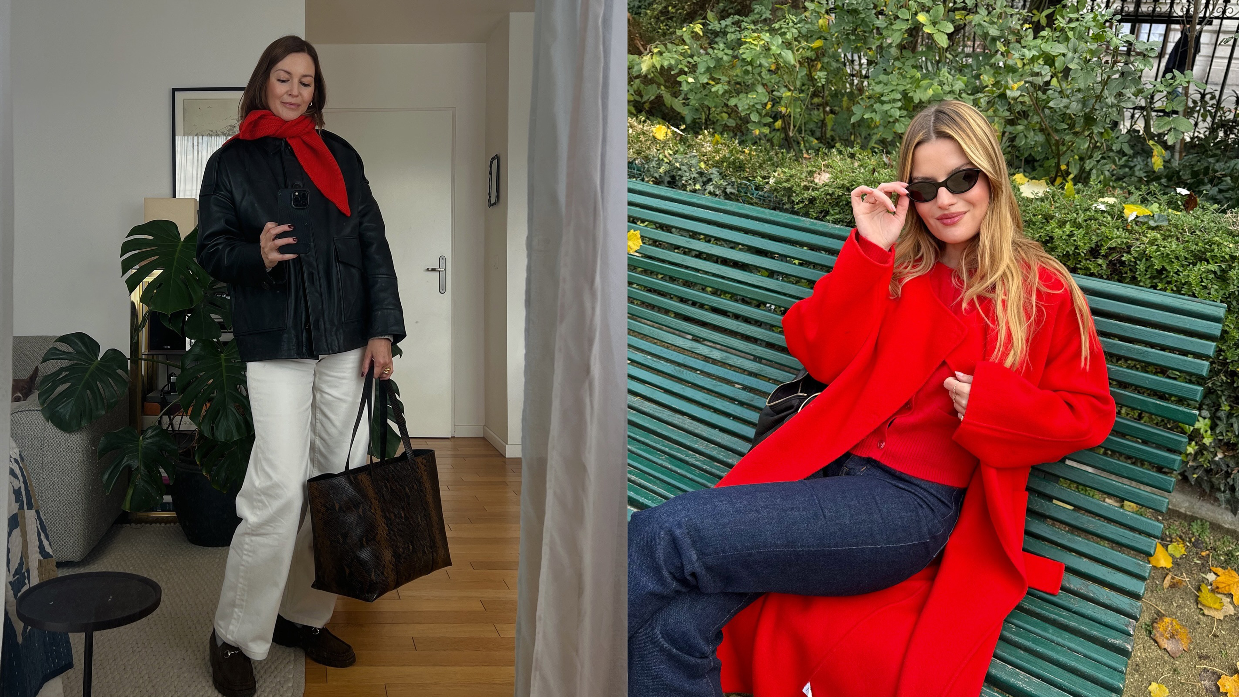 Marissa Cox wears white jeans with a black leather jacket, a brown snake skin tote, and a red scarf tied around her neck. Sabina Socol wears a red cardigan under a red overcoat, dark-rinse denim, and a pair of black sunglasses. 