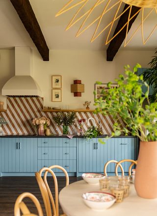 pale blue kitchen with rattan