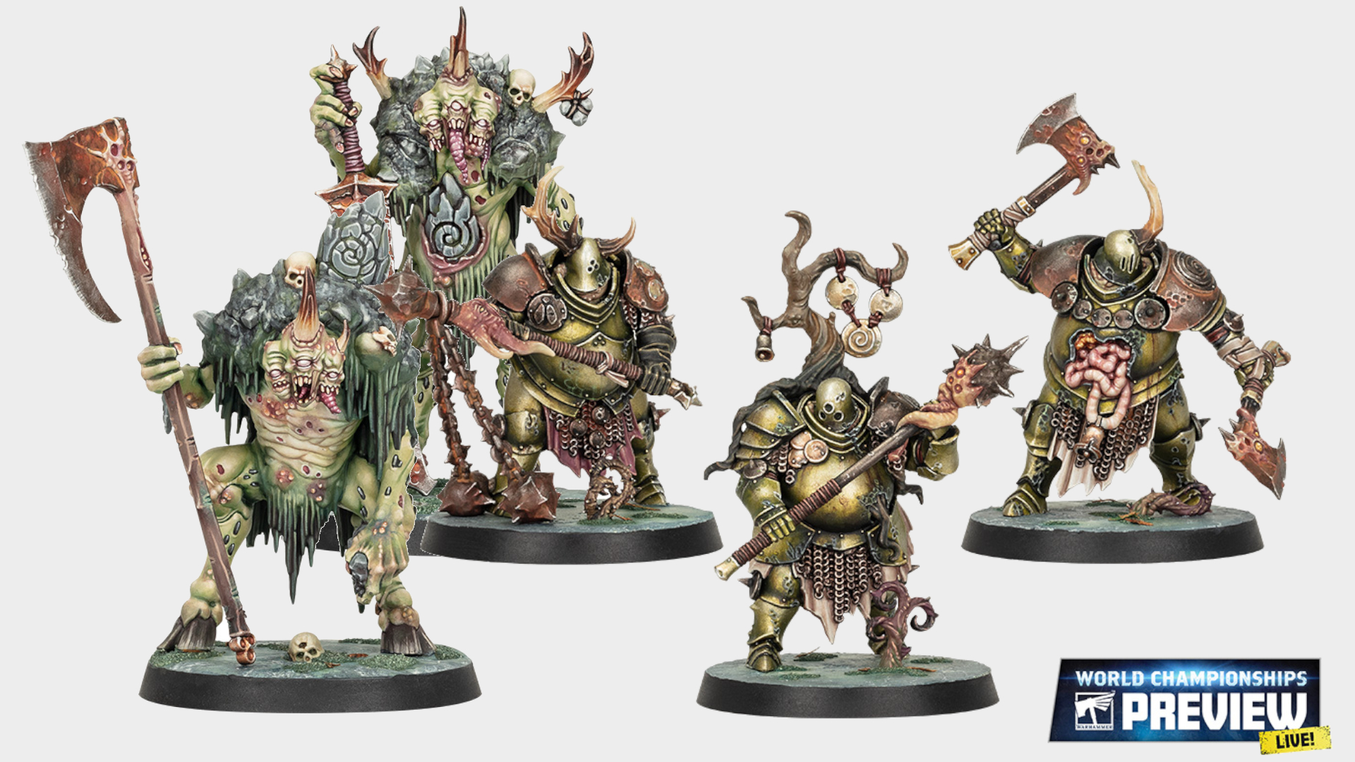 Cankerborn, left, and Nurgle Blight Templar models, right, on a plain background with World Championships Preview logo in the bottom corner