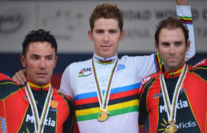 Joaquim Rodr&iacute;guez (Spain), Rui Costa (Portugal) and Alejandro Valverde (Spain) on the podium in 2013