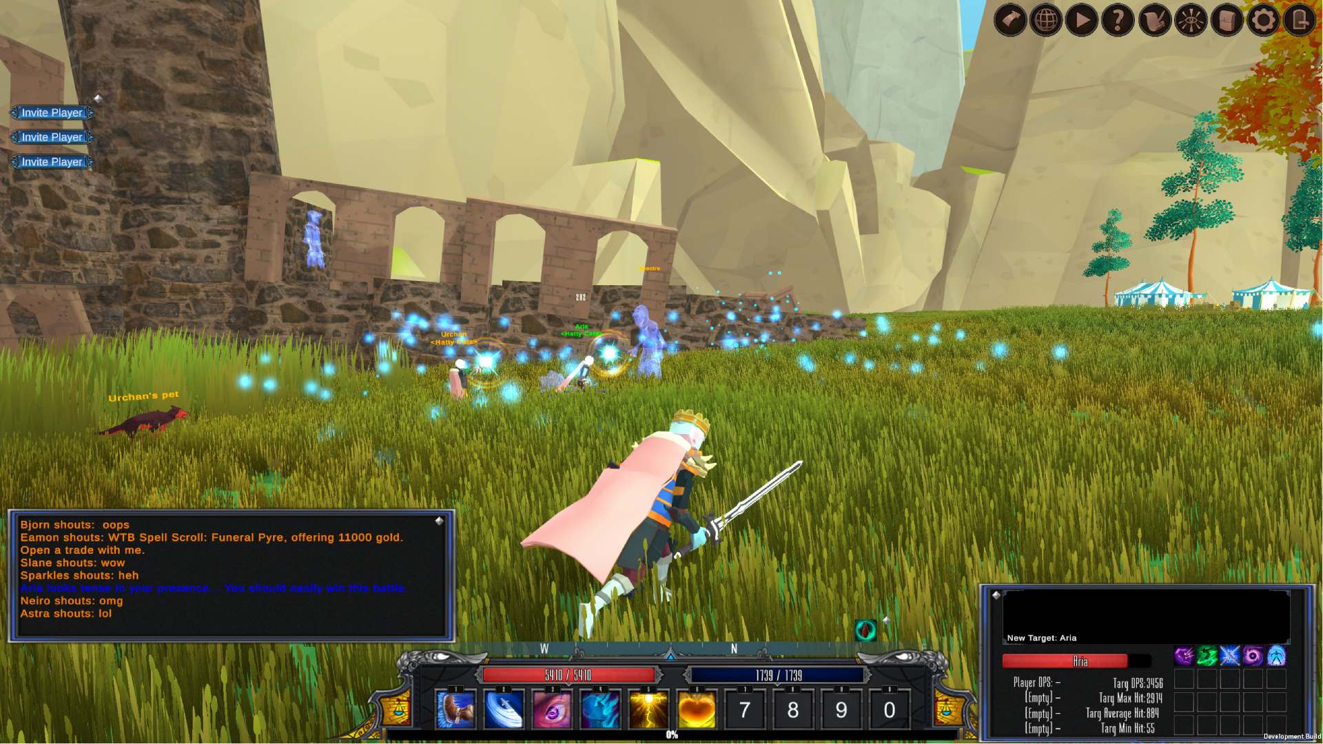 A sword-wielding player character runs through a meadow while simulated players battle a ghost in Erenshor.