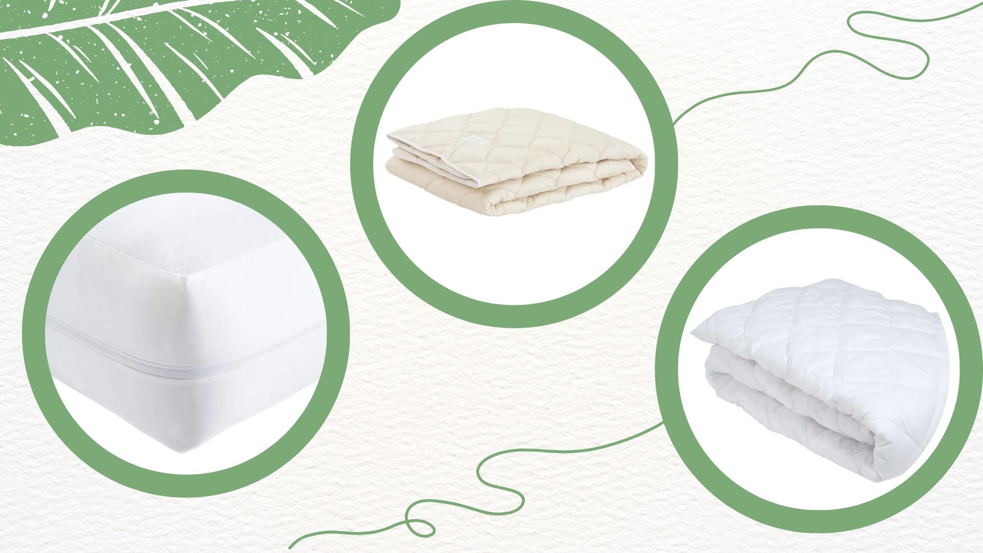 Three of the best mattress protectors, the Soak&Sleep, Woolroom, and OTTY on a cream and green background