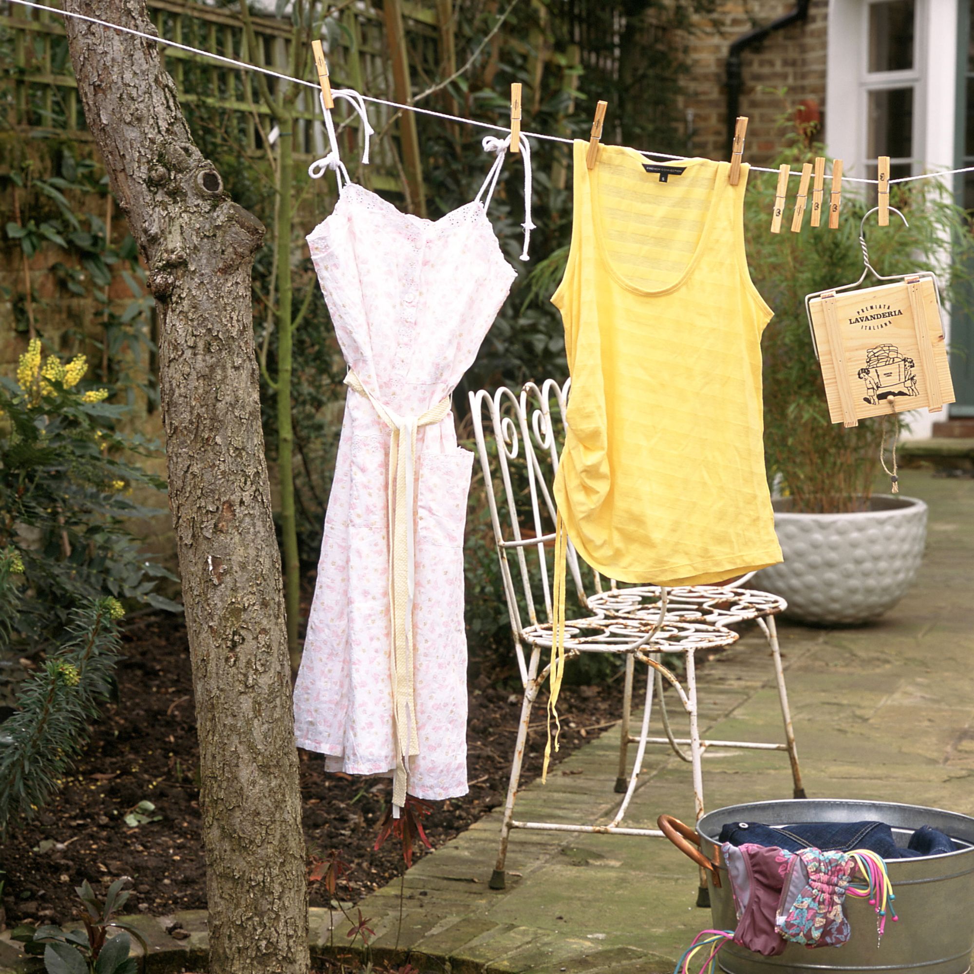 Clothes hanging on a washing line in a garden