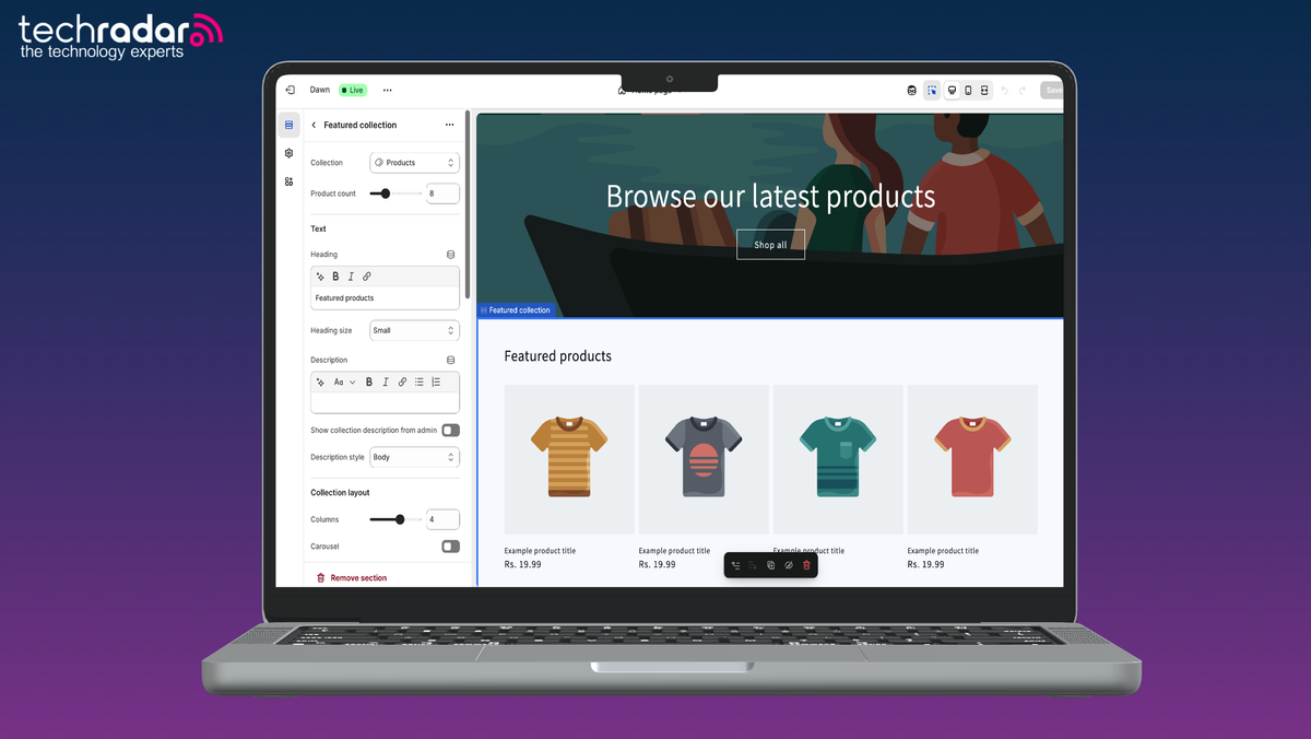 An image of a macbook on a purple background, the Shopify website builder is being used on mac