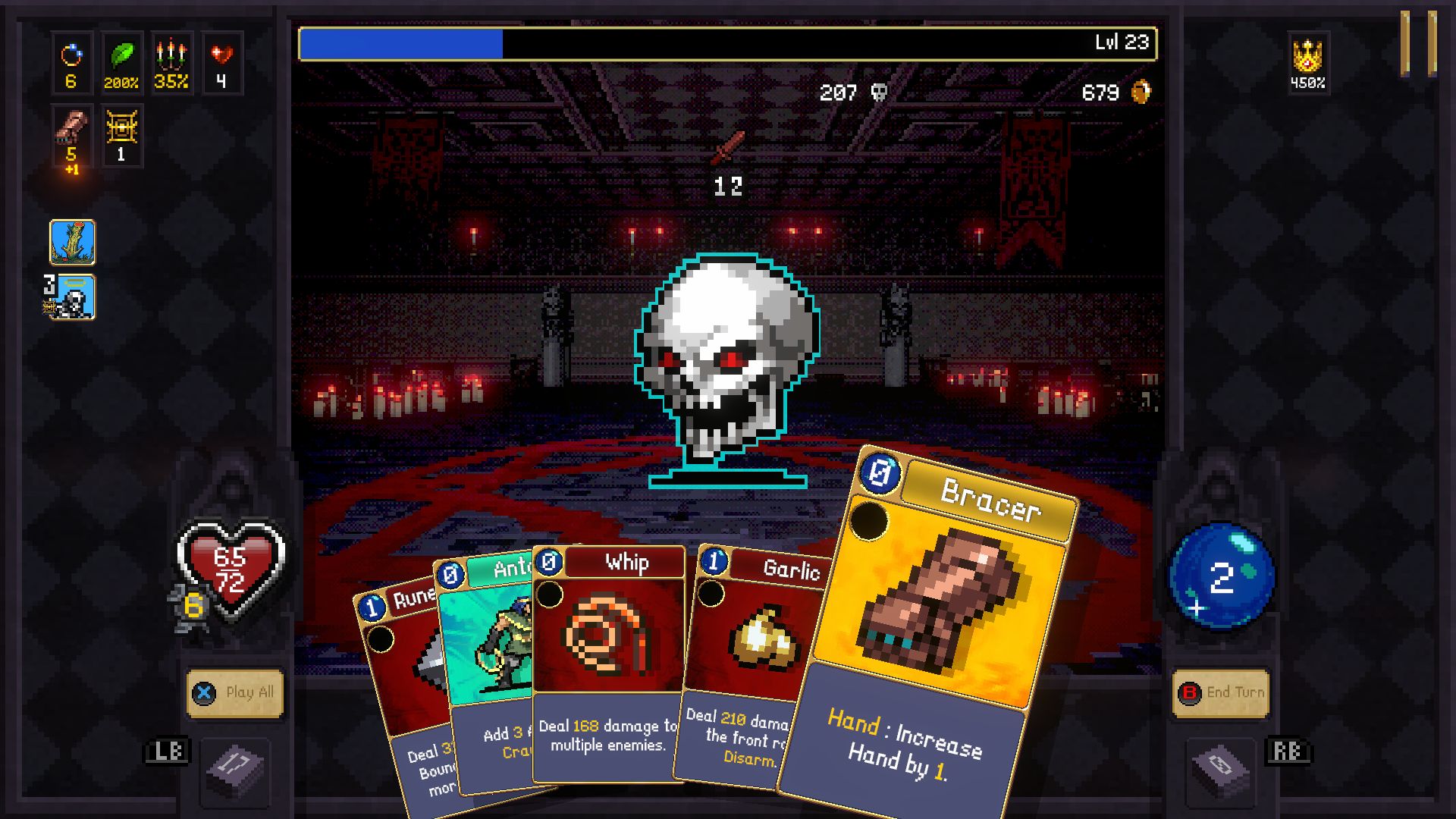 Retro-style video game interface showing a battle with a floating skull. Cards at the bottom display attack options. Health and levels are indicated on the screen.