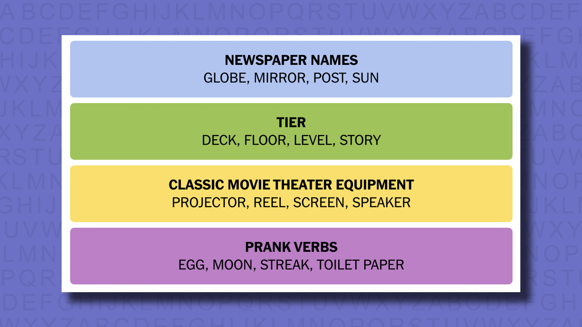 NYT Connections Answers for Game 438 on a purple background