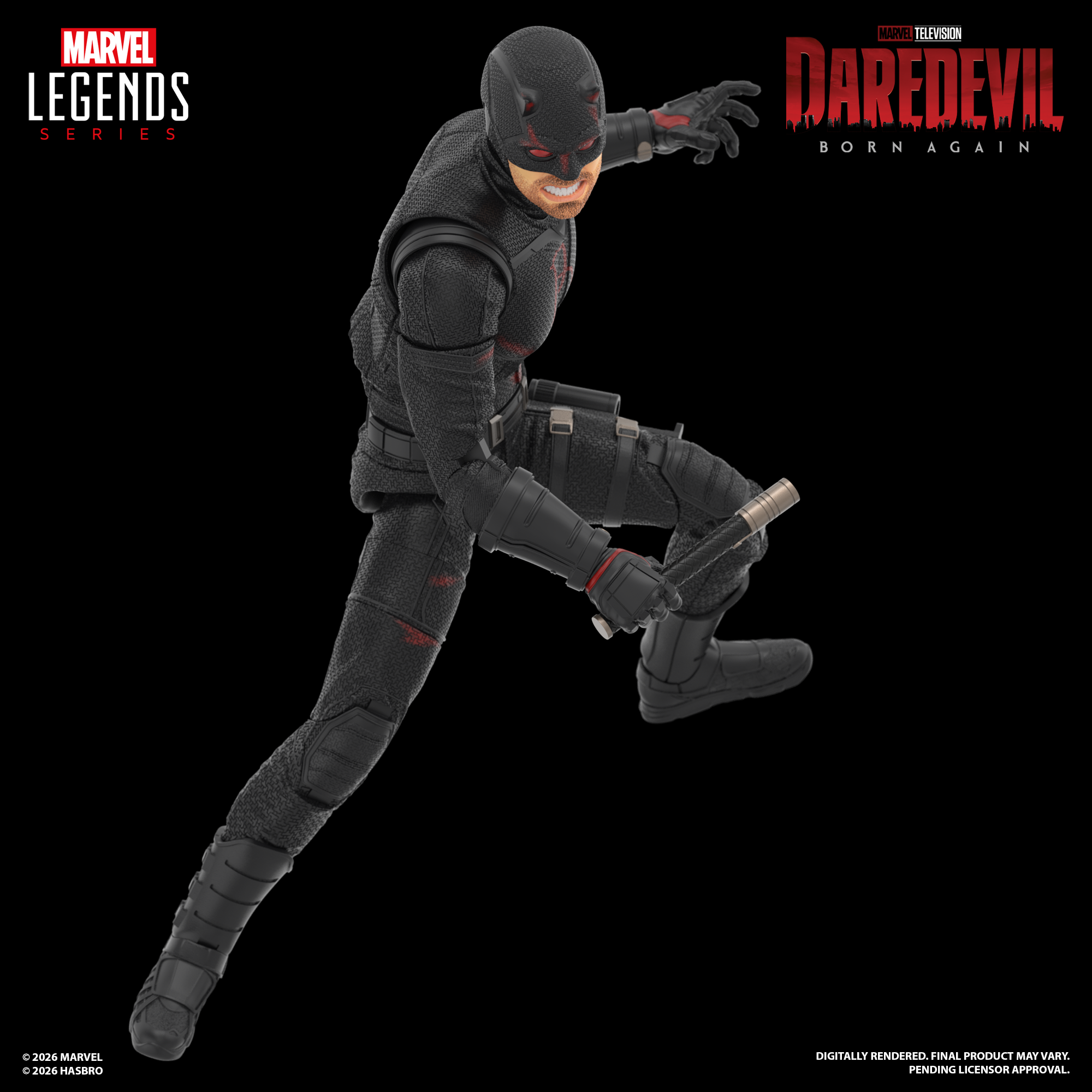 Marvel Legends Daredevil posing against a dark background, with multiple logos visible in frame