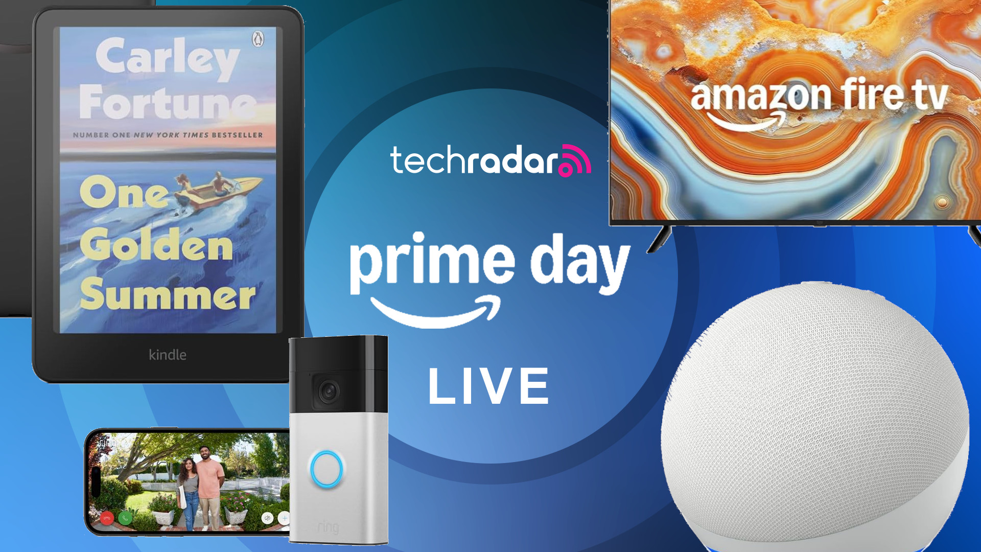 Kindle Colorsoft, Amazon Fire TV, Ring Doorbell and Echo Dot on a blue background
