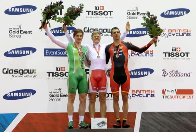 T he men's 4,000m individual pursuit podium - Silver,- Martyn Irvine (Ireland), Gold - Lasse Hanson (Denmark) and bronze - David Muntaner (Spain).