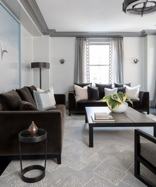 A living room with dark brown sofas against white walls with grey detailing