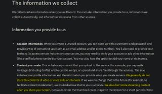 a screenshot with a highlighted phrase from discord's old privacy policy