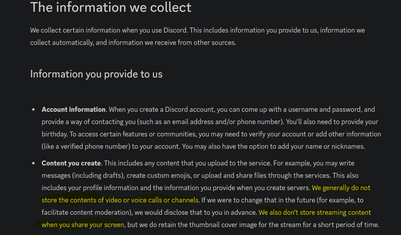 Screenshot with highlighted phrase from discord's old privacy policy