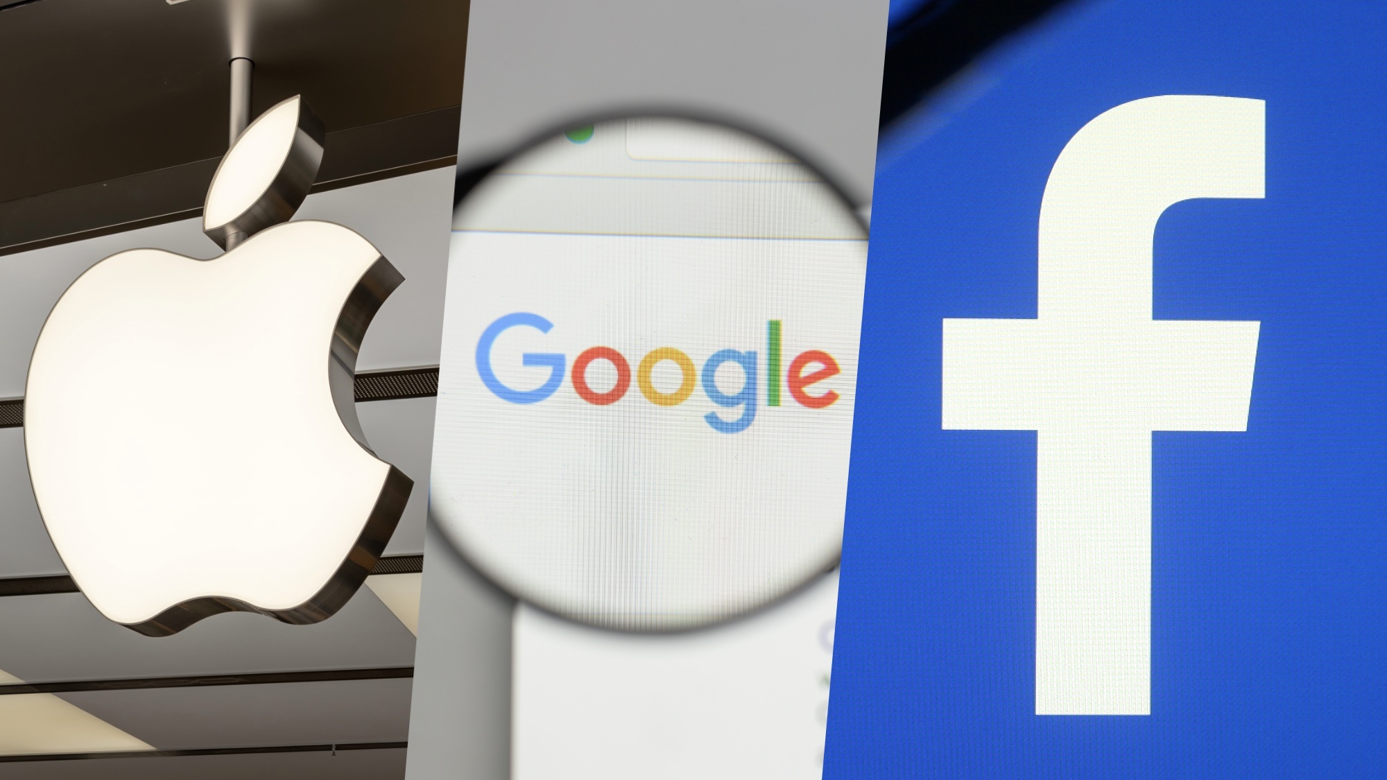 Split images of Apple, Google and Facebook logos
