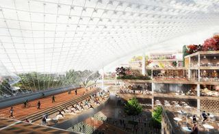 Google HQ, with a seethrough, curved roof, coffee, and terraces that each serve a different purpose.