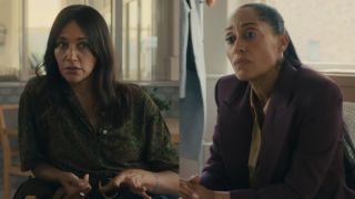 A concerned Rashida Jones pictured in conversation, next to an attentive Tracee Ellis Ross, from Black Mirror S7 E1 - "Common People."