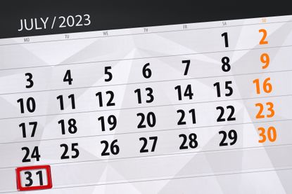 Calendar with July 31, 2023 circled for July 31 tax deadline