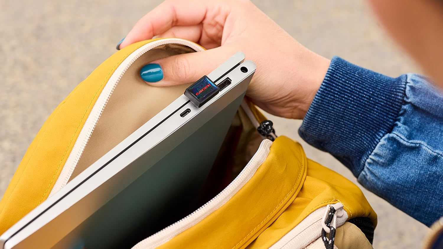 The SanDisk Extreme Fit USB-C drive plugged into a laptop