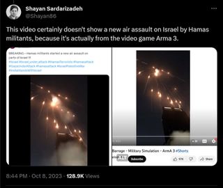 This video certainly doesn't show a new air assault on Israel by Hamas militants, because it's actually from the video game Arma 3.