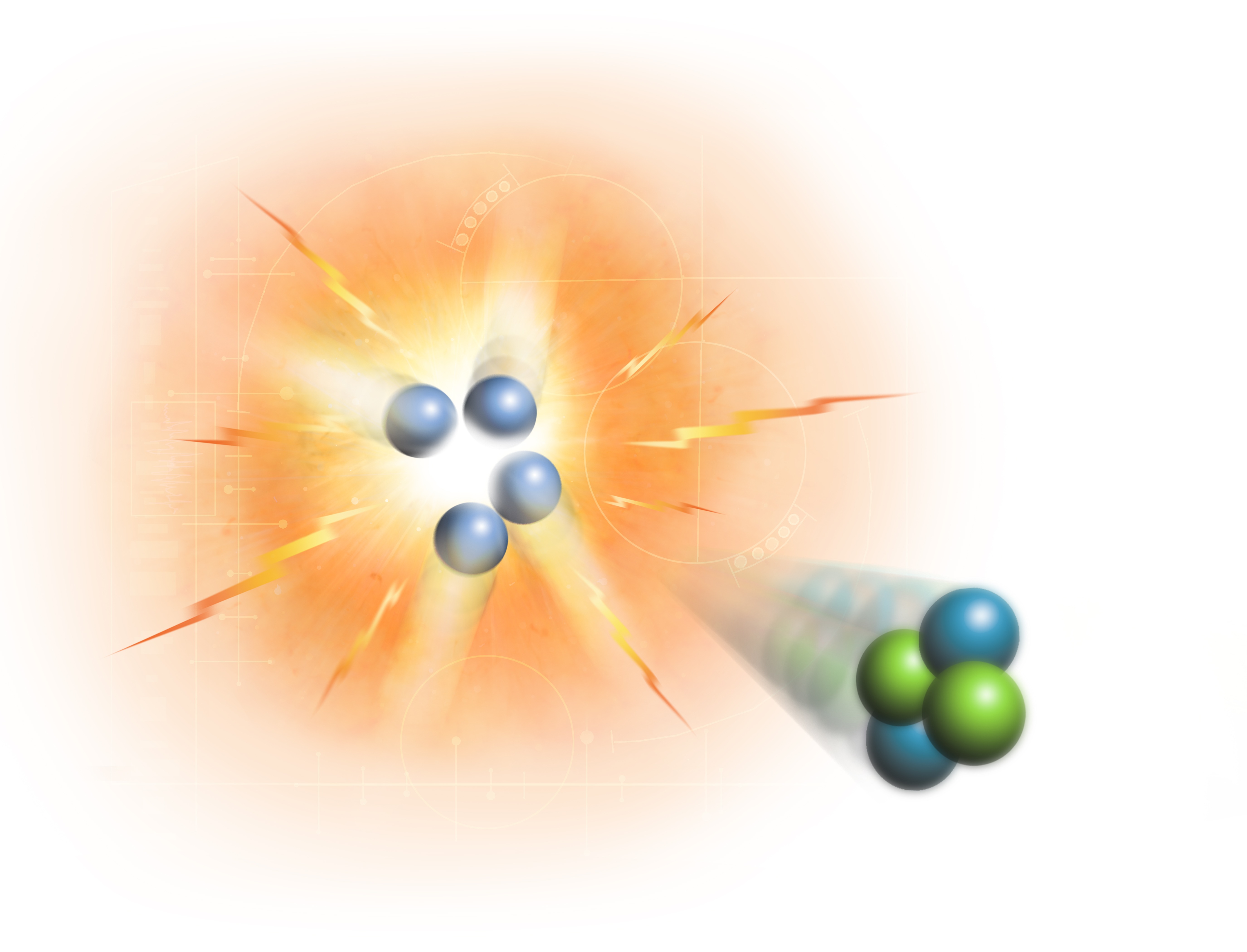 An illustration of the process of nuclear fusion, specifically the creation of helium from hydrogen. Four protons (hydrogen nuclei) are combining on the left, releasing in the process two protons and two neutrons (a helium nucleus).