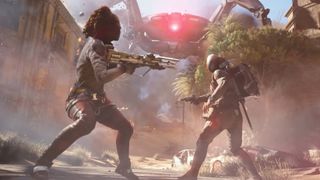 Arc Raiders release date reveal trailer screenshot shows two people facing a giant enemy.