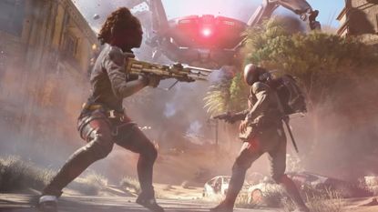 Arc Raiders release date reveal trailer screenshot shows two people facing a giant enemy.