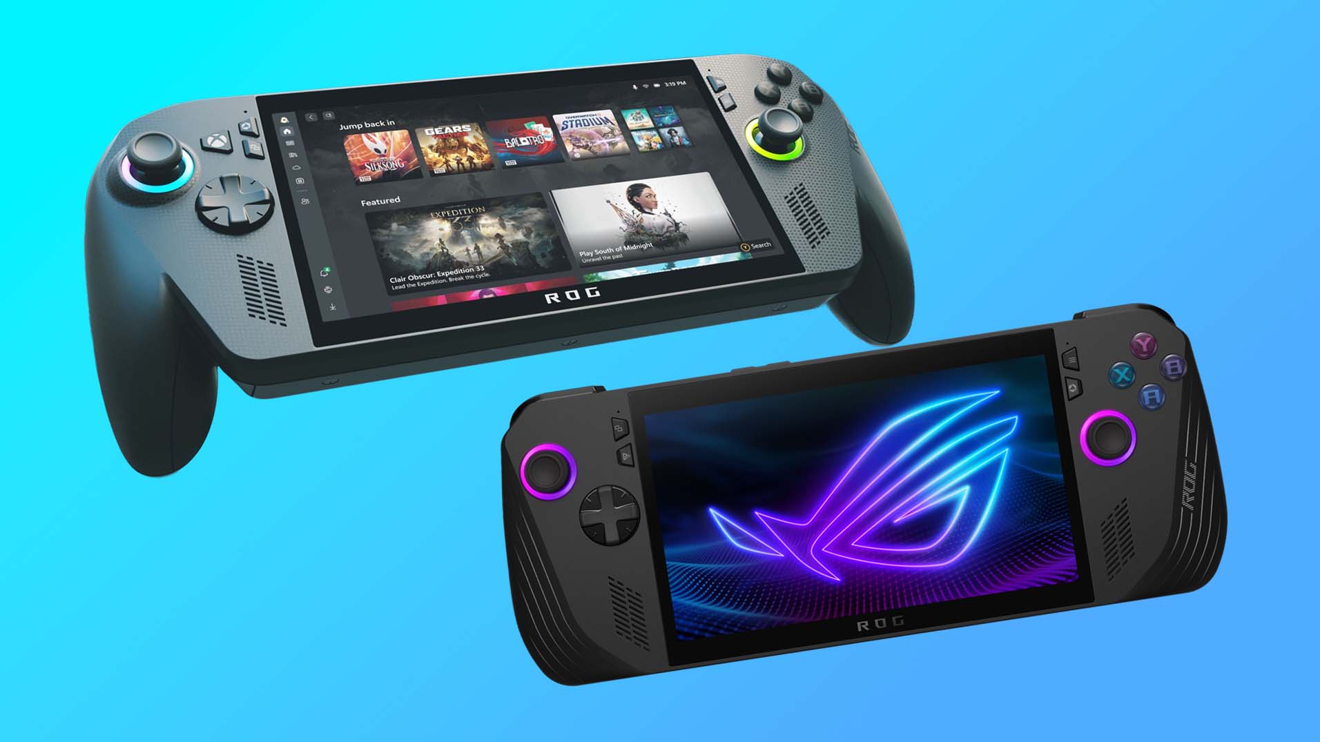 Xbox Ally X vs ROG Ally X on blue background.