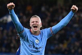 Erling Haaland celebrates a goal for Manchester City against Chelsea in January 2023.