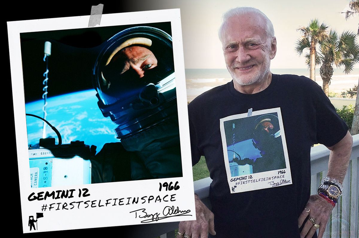 Buzz Aldrin Debuts 'First Selfie in Space' T-Shirt for Gemini 12 50th ...