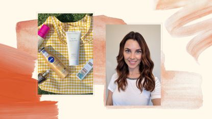 A composite image of a collection of fake tan products next to a picture of Beauty Editor Lynne Hyland, set again a background of orange and pink paint strokes