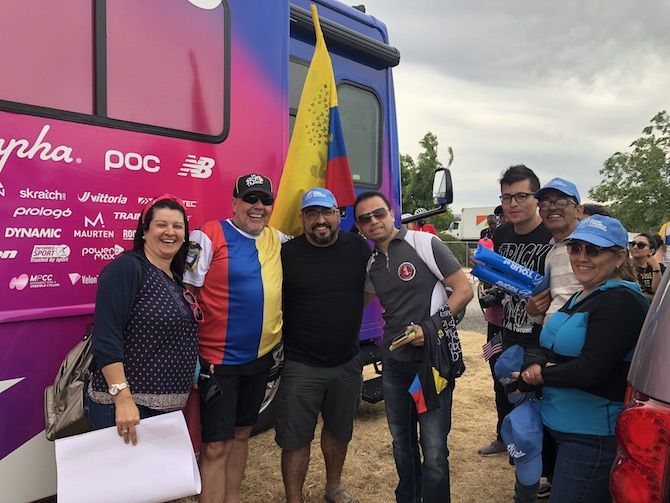 Rigoberto Uran fans wait for their hero outside the EF Education First bus after stage 3 of the 2019 Tour of California