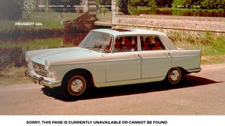 Screenshot of the Error 404 page on the Peugeot website displaying a Peugeot 404 car