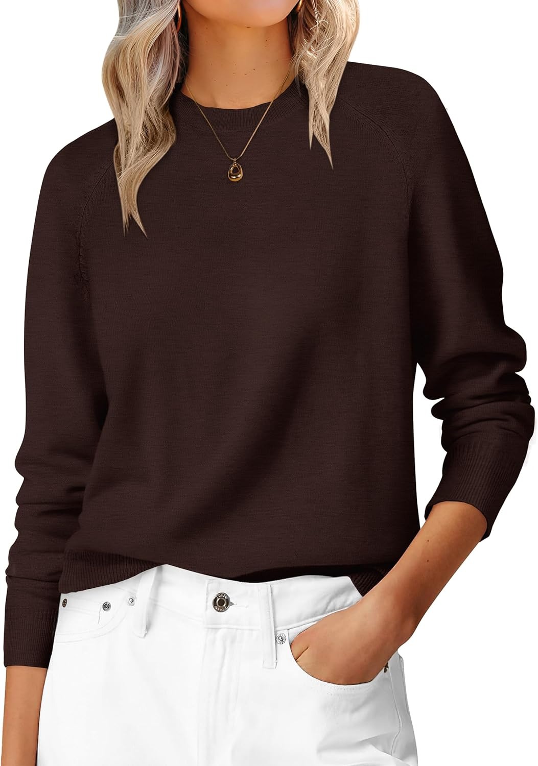 Anrabess Sweaters for Women Short Length Loose Fit Lightweight Long Sleeve Crewneck Knit Basic Sweater 2025 Fall Outfits Deep Taupe S