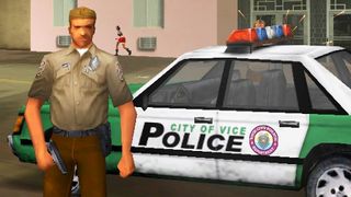 A Grand Theft Auto Vice City police officer standing in front of a police car holding a gun