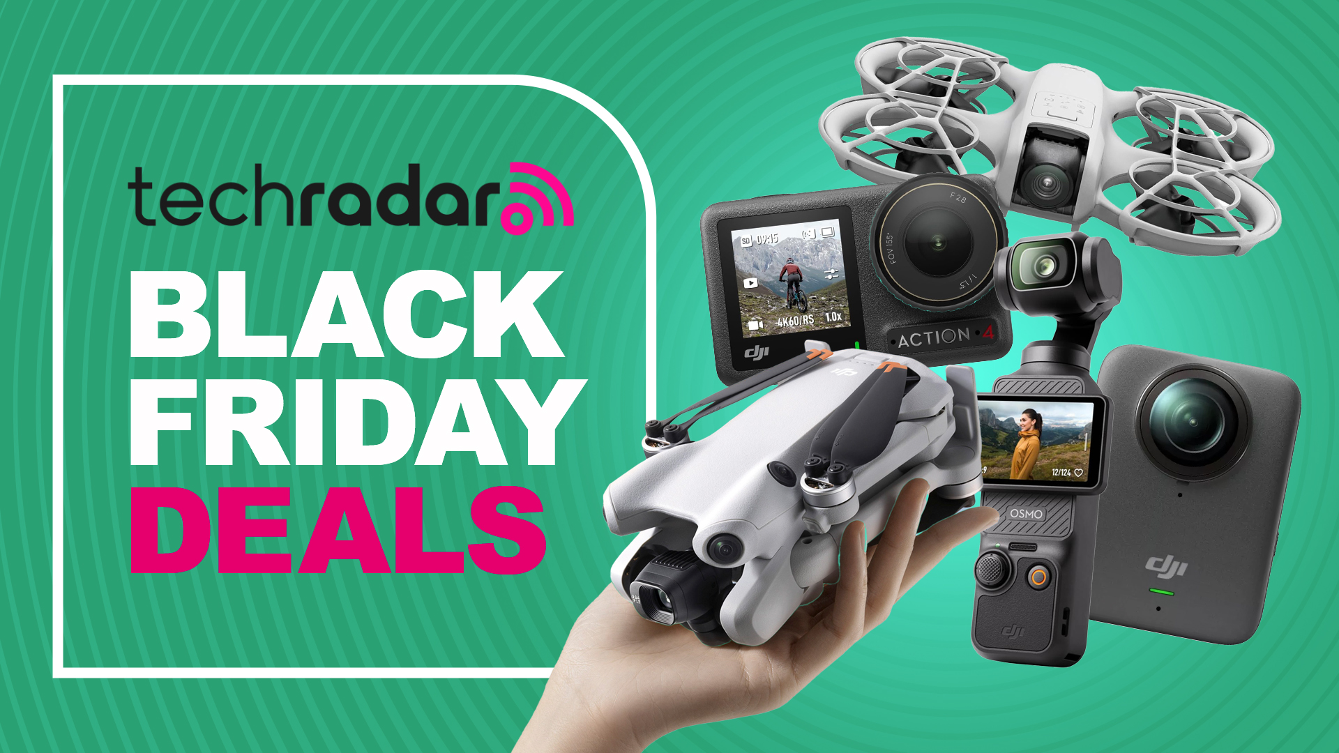 A collection of DJI drones and action cams on a green background with Black Friday deals text overlay