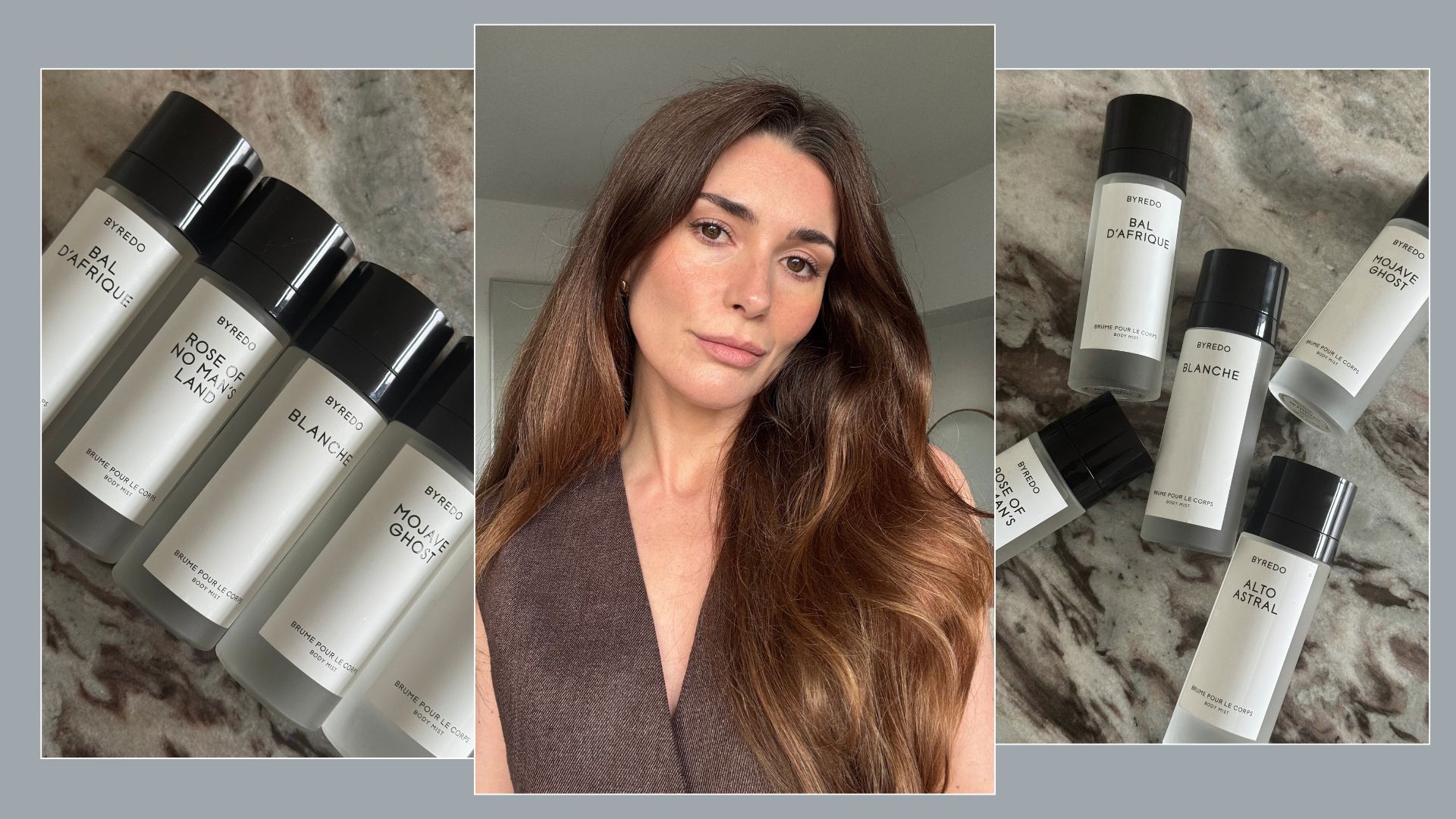 A collage with photos of Byredo body mists and a selfie of beauty editor Eleanor Vousden