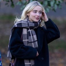 Sabrina Carpenter was spotted in New York's Brooklyn wearing a black coat, a plaid scarf, and a burgundy Celine bag