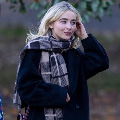 Sabrina Carpenter was spotted in New York's Brooklyn wearing a black coat, a plaid scarf, and a burgundy Celine bag