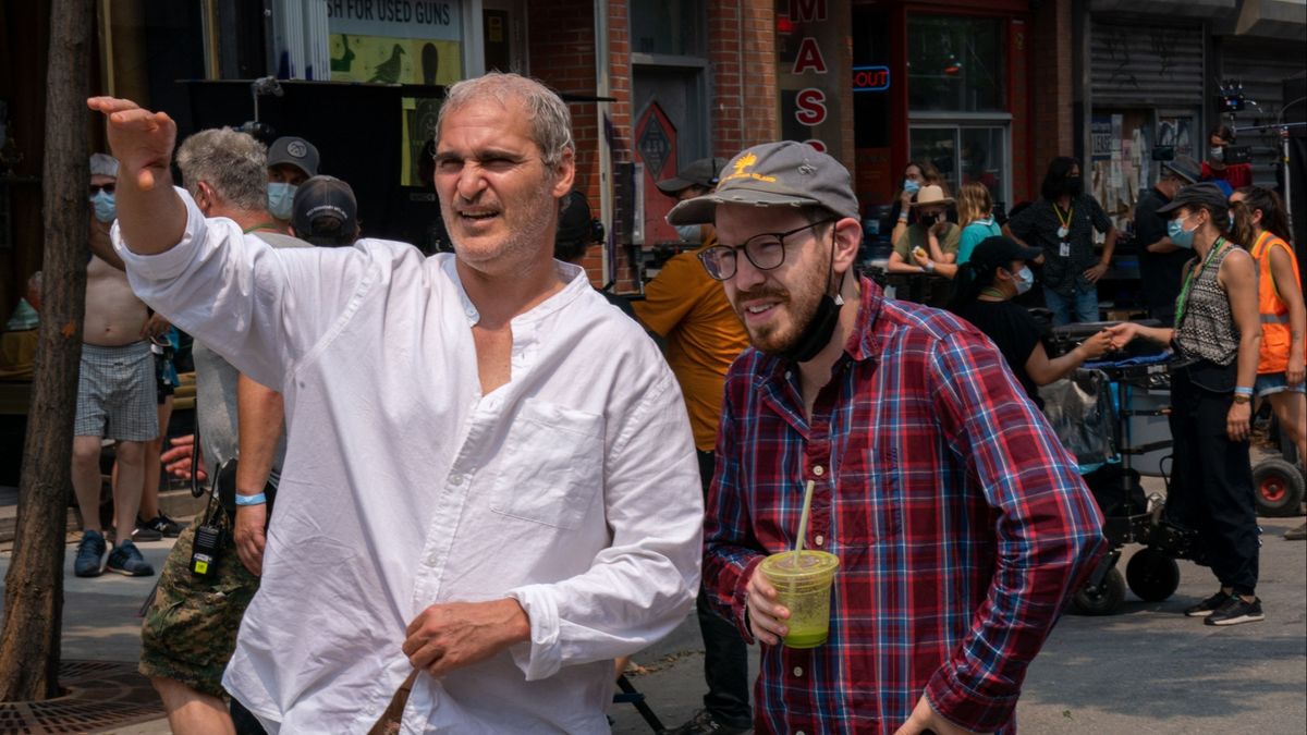 Joaquin Phoenix and Ari Aster on set of Beau is Afraid