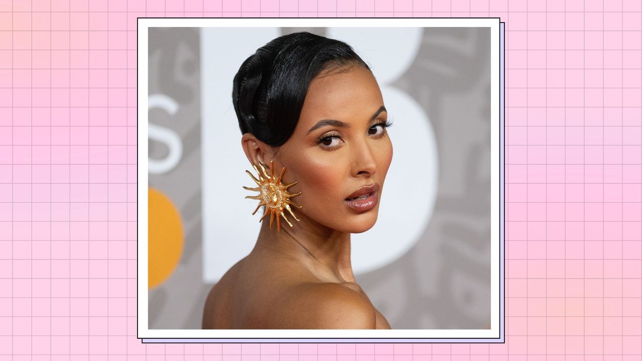 Maya Jama pictured as she attends The BRIT Awards 2023 at The O2 Arena on February 11, 2023 in London, England/ in a pink and orange template