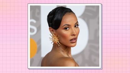 Maya Jama pictured as she attends The BRIT Awards 2023 at The O2 Arena on February 11, 2023 in London, England/ in a pink and orange template