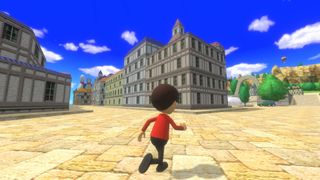 A Mii wandering around Wuhu Island&#039;s town in Wuhu Island Explorer.