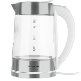white lid glass kettle with white handle and wire