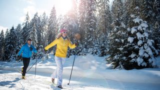 Young couple cross-country skiing