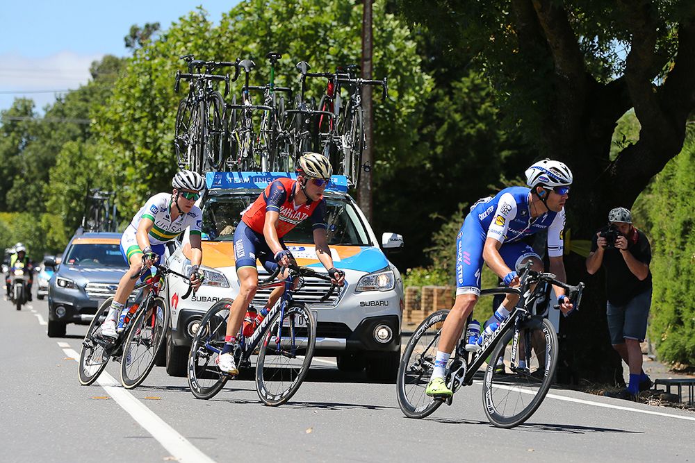 Jack Bauer, Ondrej Cink and Cam Meyer in the breakaway during stage 4 at the Tour Down Under