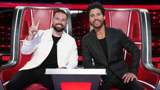 Dan + Shay sit in their dual chair on The Voice Season 25.